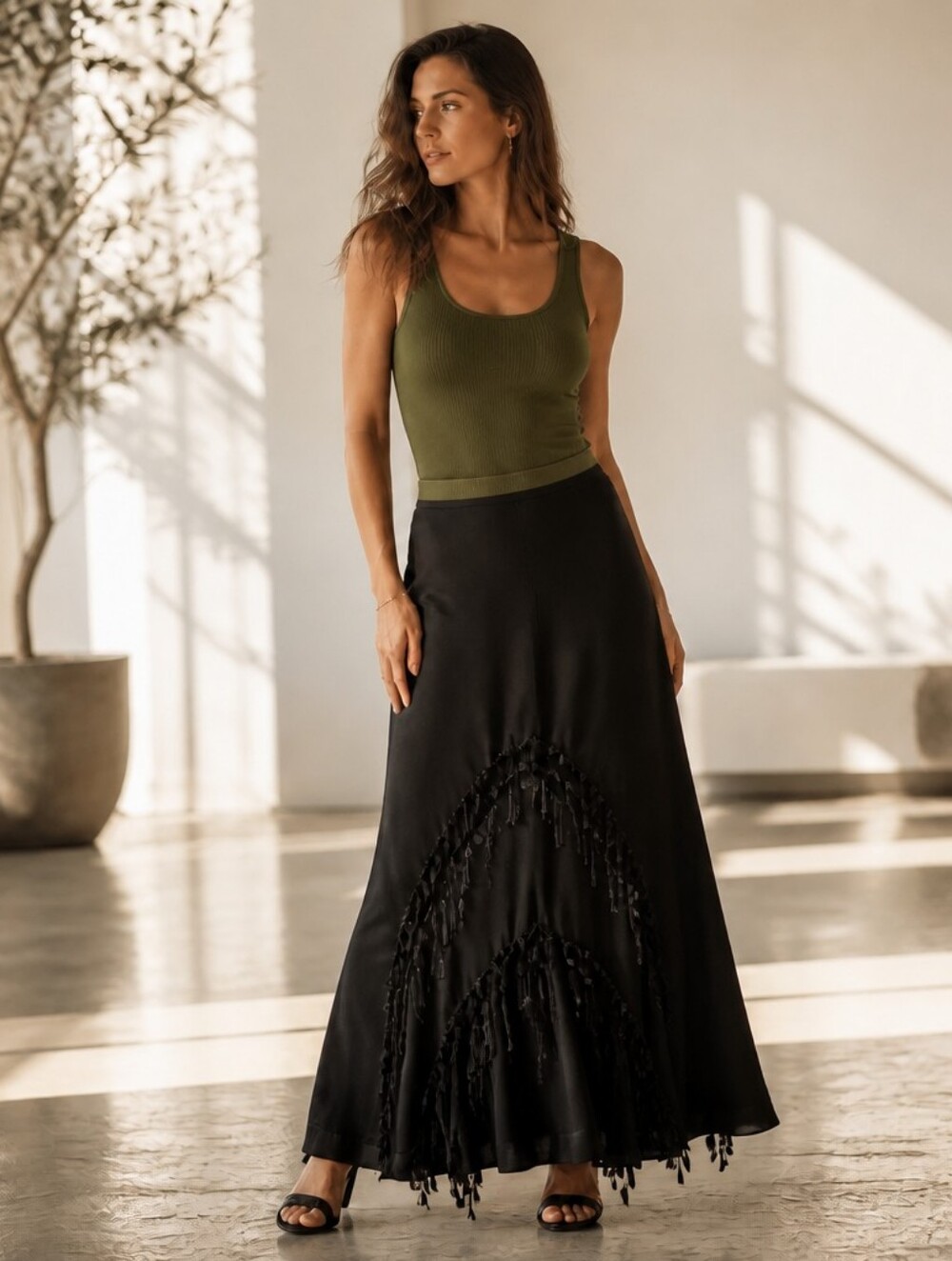Chico's Black A-Line Maxi Skirt with Tassel Detail